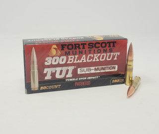 Fort Scott Munitions 300 Blackout subsonic solid copper ammunition box with bullets.