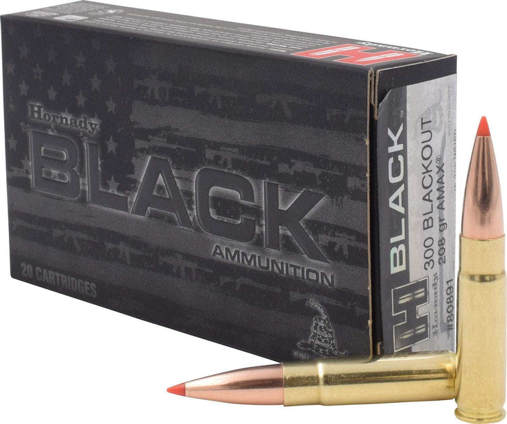 300 Blackout 208 gr Hornady BLACK ammunition box with bullets.