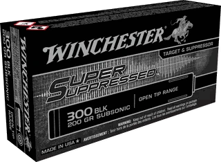 Winchester 300 AAC Blackout Super Suppressed Ammunition box, 200 grain FMJ open tip subsonic, 20 rounds.