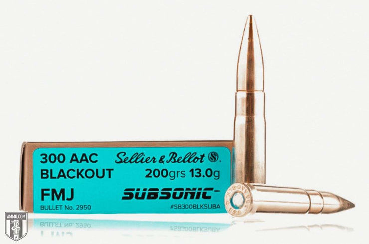 Sellier & Bellot Subsonic .300 Blackout FMJ 200 Grain ammunition with box and loose rounds.