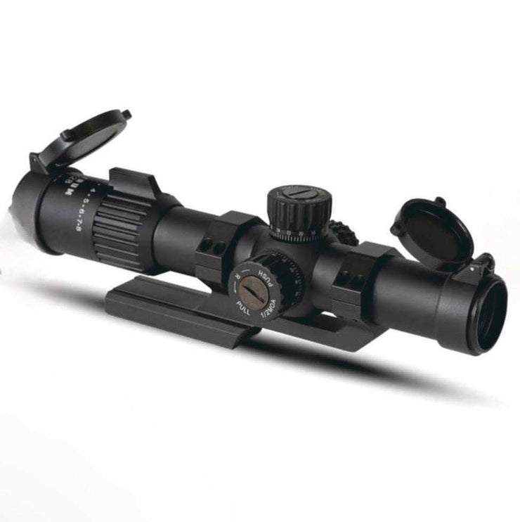 Spectre 1-8x28 SFP LPVO Rifle Scope with MOA-X1 reticle and integrated throw lever.