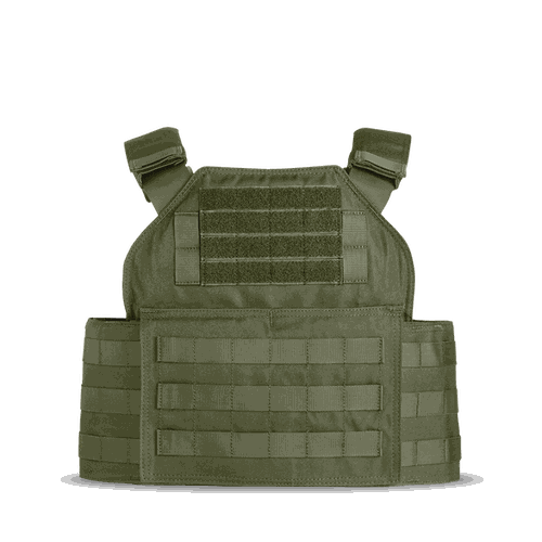 Spartan Shooters Cut plate carrier in OD green, sleek and minimalist design for battlefield agility.