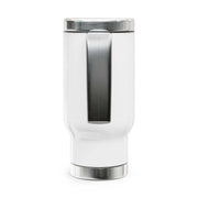 Stainless steel travel mug with handle, glossy white enamel finish, 14oz capacity.