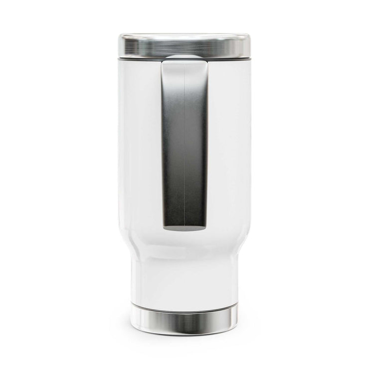 Stainless steel travel mug with handle, glossy white enamel finish, 14oz capacity.