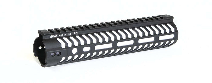 M-LOK Forend 9.5" black aluminum accessory rail with modular mounting slots.