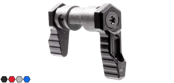 90-degree ambidextrous safety selector for AR-15 and AR-10, black anodized aluminum finish.