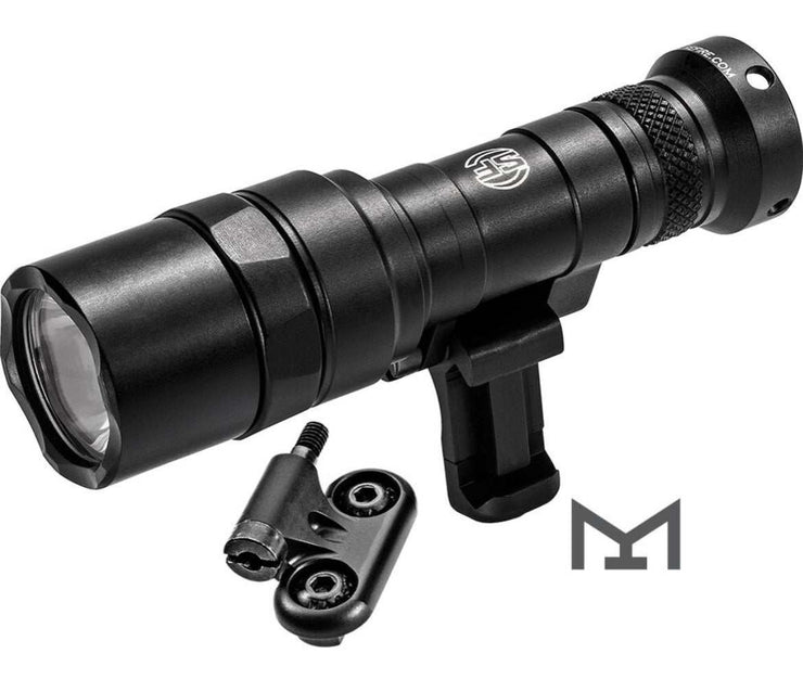 Black MINI SCOUT LIGHT® PRO with mount, compact tactical light for rail systems.